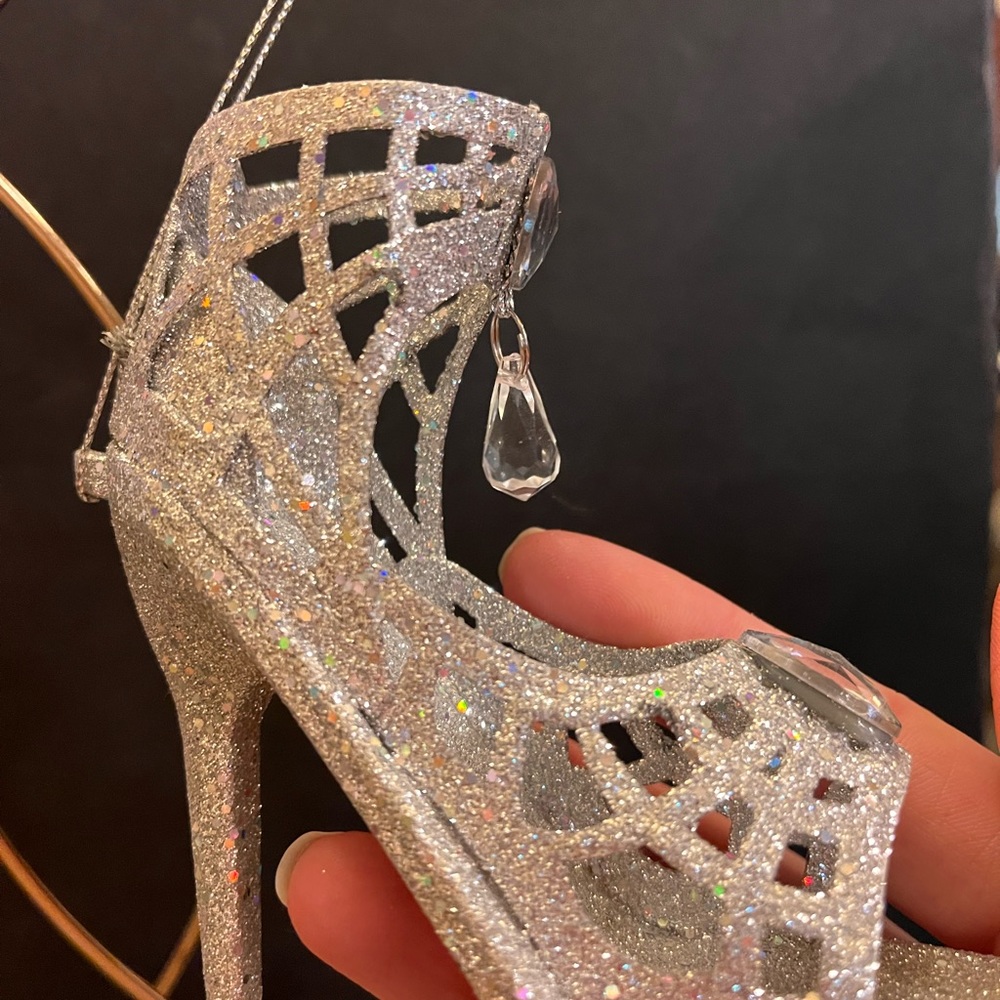 Pair of beautiful sparkly, glittery, silver AB boot and high heel ornaments